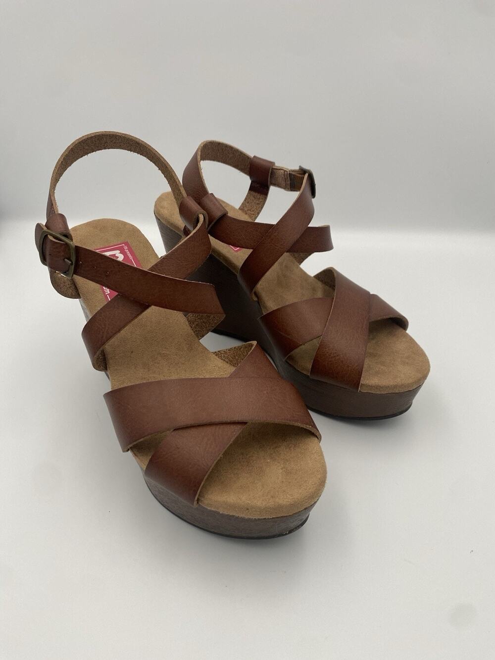 Wedge Sandals Brown Buckle Memory Foam Faux Leather Chunky Women 6